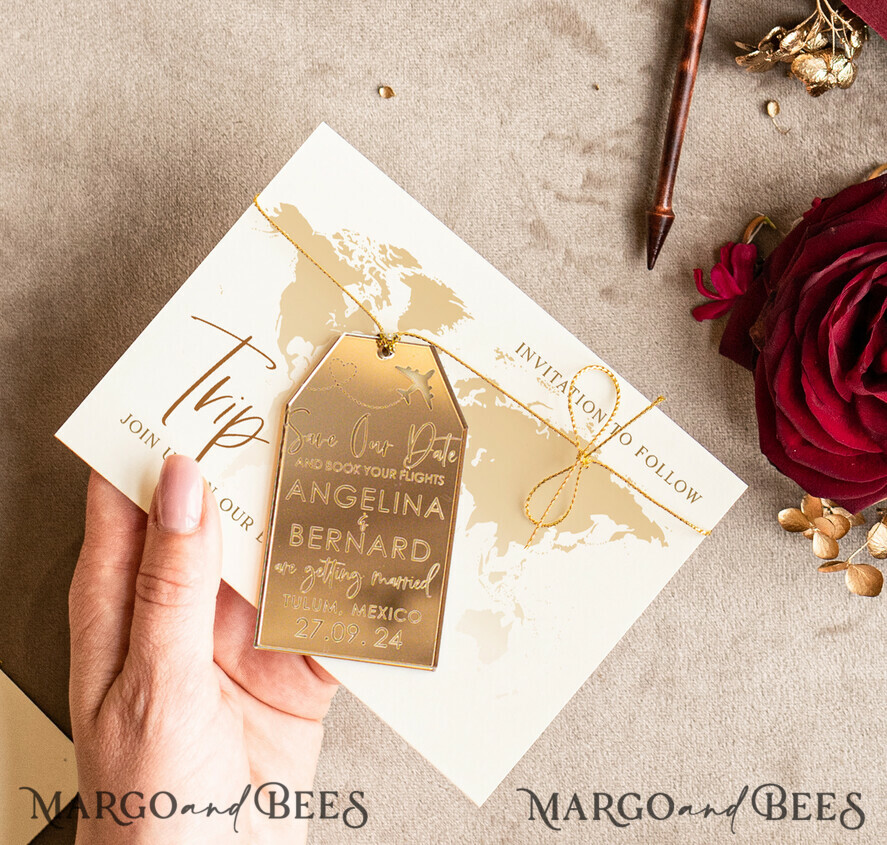 SAVE THE DATES beach travel magnets Personalised Travel Save the Date Magnet and Card, Destination Wedding Save The Dates Acrylic golden