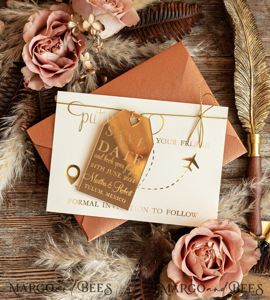 SAVE THE DATES beach travel magnets Personalised Travel Save the Date Acrylic Tag Magnet and Card, Gold Terracotta Luggage Tag Wedding Save The Dates Acrylic Magnets, Save The Date Cards