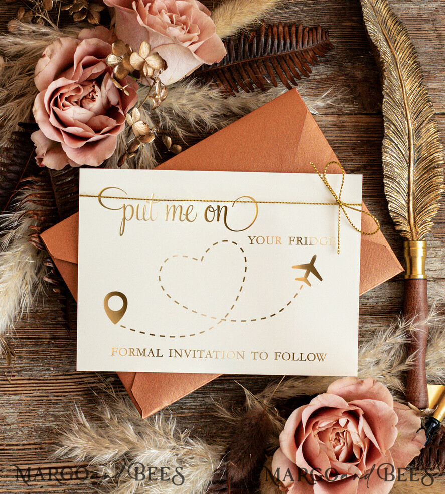 SAVE THE DATES beach travel magnets Personalised Travel Save the Date Acrylic Tag Magnet and Card, Gold Terracotta Luggage Tag Wedding Save The Dates Acrylic Magnets, Save The Date Cards