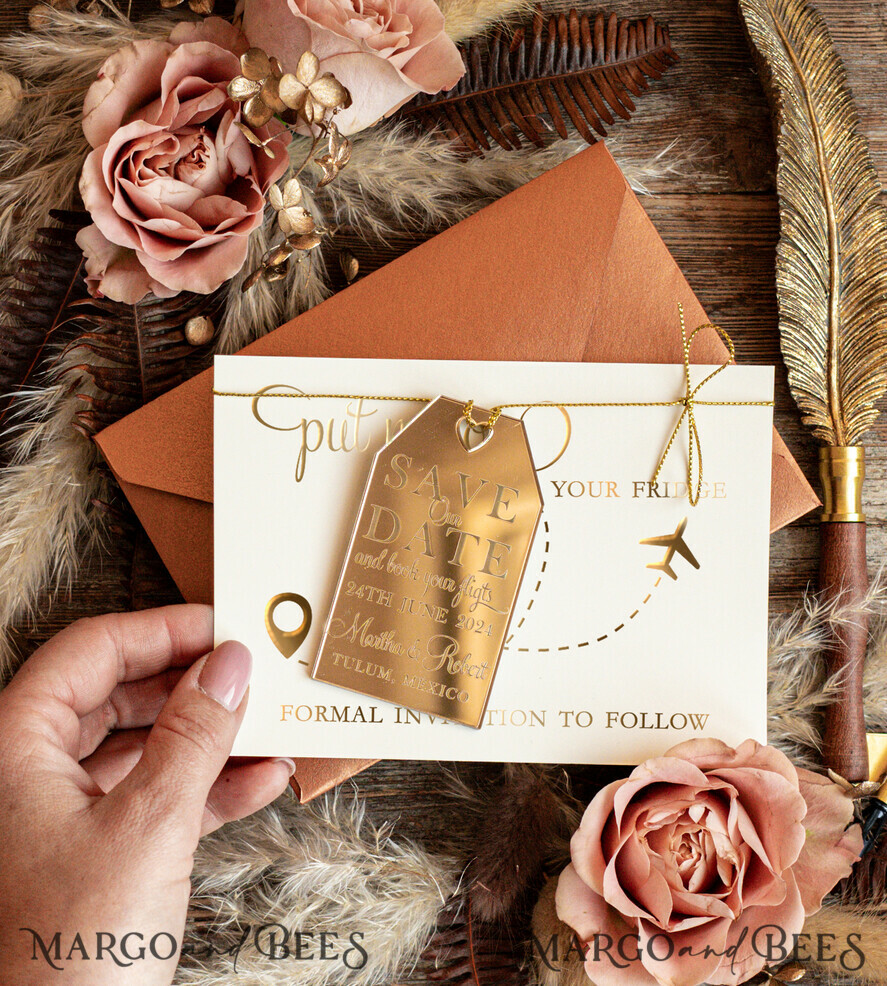 SAVE THE DATES beach travel magnets Personalised Travel Save the Date Acrylic Tag Magnet and Card, Gold Terracotta Luggage Tag Wedding Save The Dates Acrylic Magnets, Save The Date Cards