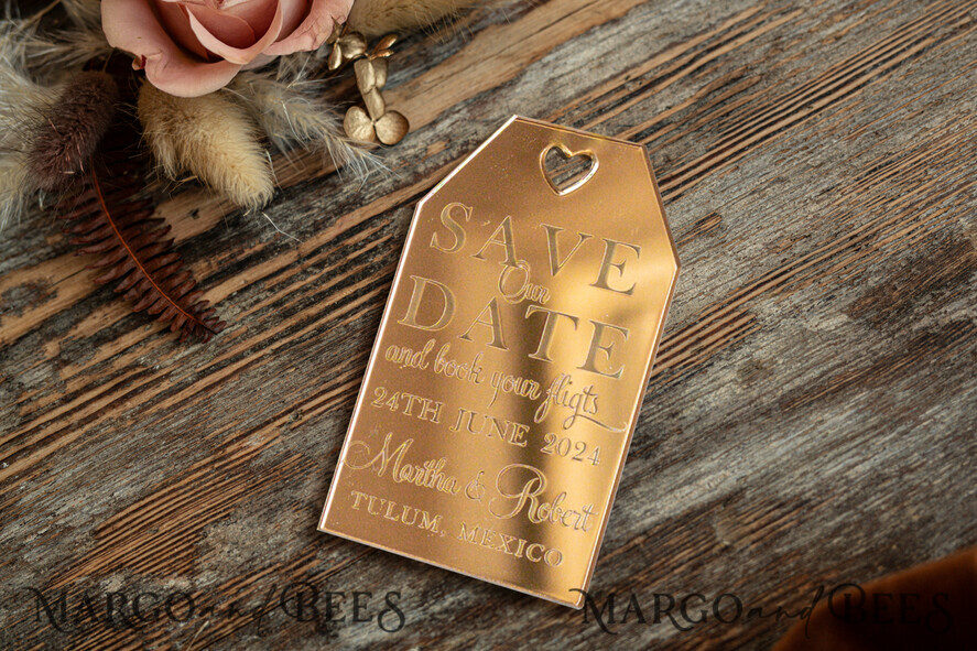 SAVE THE DATES beach travel magnets Personalised Travel Save the Date Acrylic Tag Magnet and Card, Gold Terracotta Luggage Tag Wedding Save The Dates Acrylic Magnets, Save The Date Cards