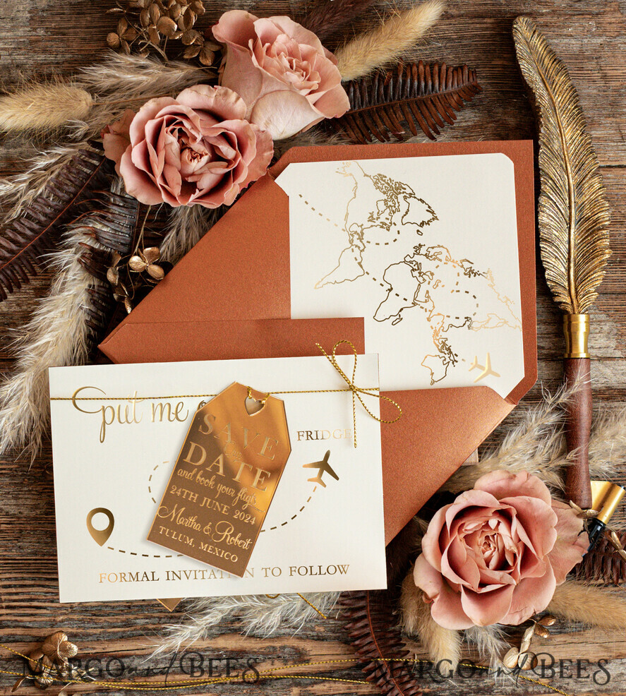 SAVE THE DATES beach travel magnets Personalised Travel Save the Date Acrylic Tag Magnet and Card, Gold Terracotta Luggage Tag Wedding Save The Dates Acrylic Magnets, Save The Date Cards