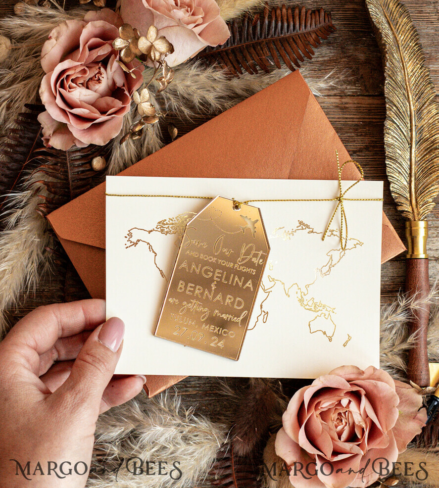 SAVE THE DATES beach travel magnets Personalised Travel Save the Date Acrylic Tag Magnet and Card, Gold Terracotta Luggage Tag Wedding Save The Dates Acrylic Magnets, Save The Date Cards