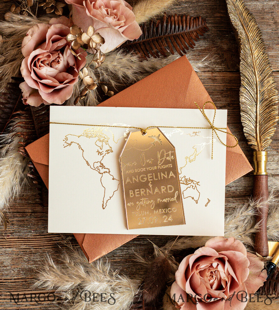 SAVE THE DATES beach travel magnets Personalised Travel Save the Date Acrylic Tag Magnet and Card, Gold Terracotta Luggage Tag Wedding Save The Dates Acrylic Magnets, Save The Date Cards