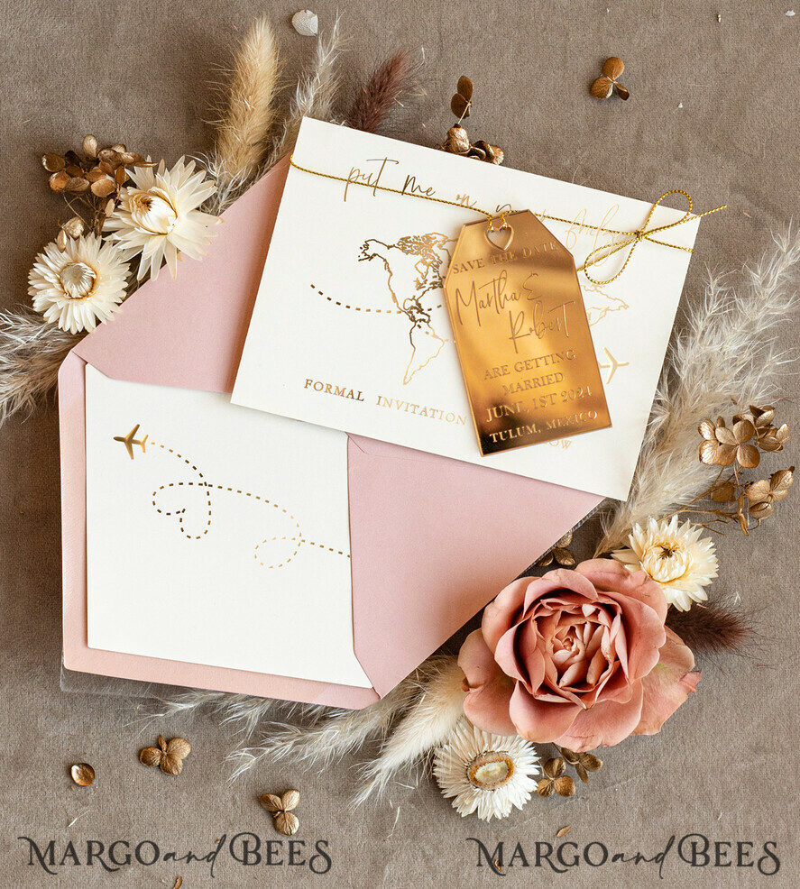 SAVE THE DATES beach travel magnets Personalised Travel Save the Date Acrylic Tag Magnet and Card, Gold Blush Pink Luggage Tag Wedding Save The Dates Acrylic Magnets, Save The Date Cards