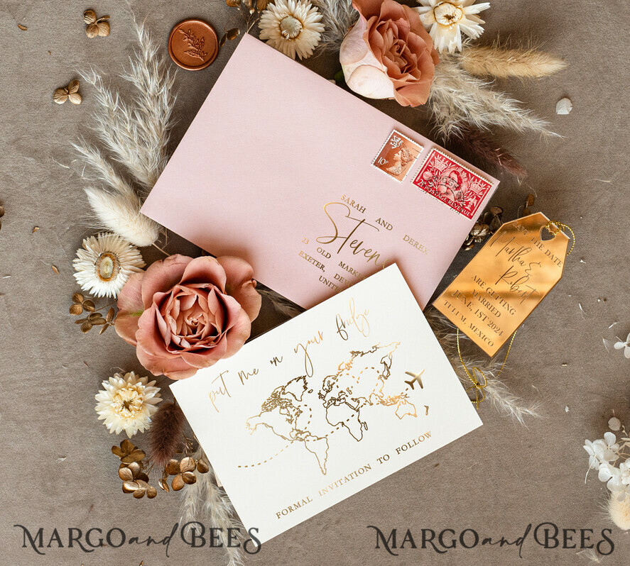 SAVE THE DATES beach travel magnets Personalised Travel Save the Date Acrylic Tag Magnet and Card, Gold Blush Pink Luggage Tag Wedding Save The Dates Acrylic Magnets, Save The Date Cards