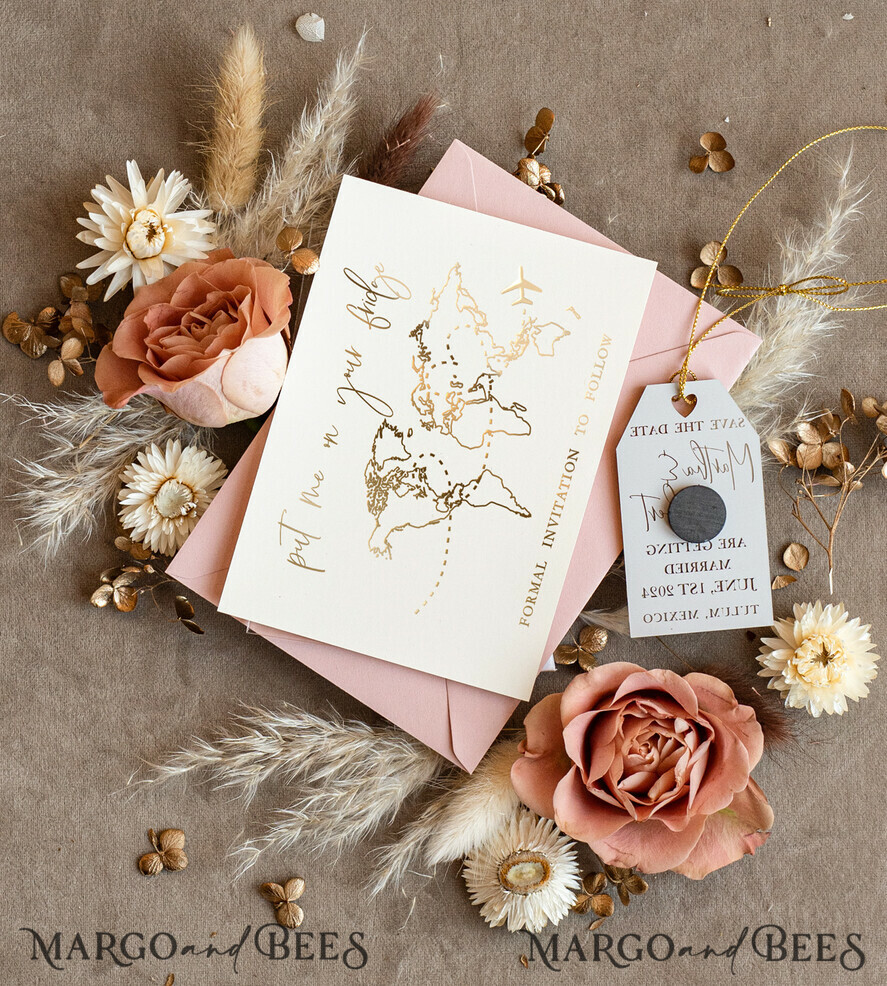 SAVE THE DATES beach travel magnets Personalised Travel Save the Date Acrylic Tag Magnet and Card, Gold Blush Pink Luggage Tag Wedding Save The Dates Acrylic Magnets, Save The Date Cards