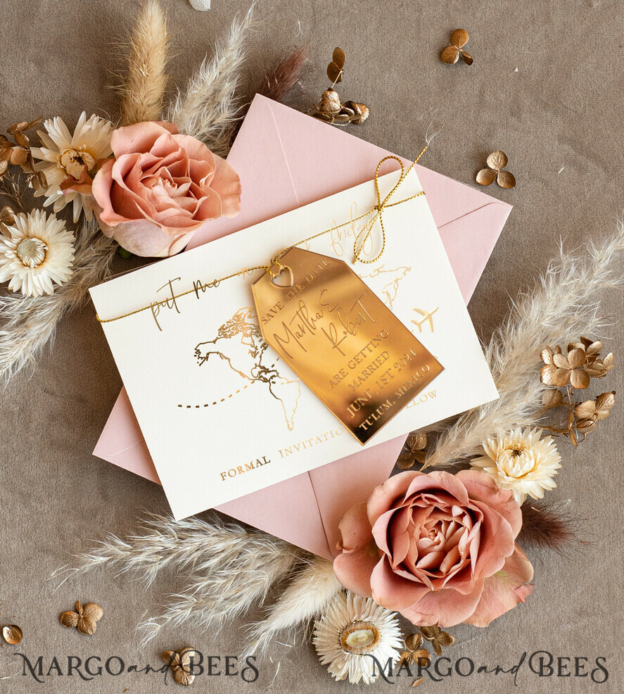 SAVE THE DATES beach travel magnets Personalised Travel Save the Date Acrylic Tag Magnet and Card, Gold Blush Pink Luggage Tag Wedding Save The Dates Acrylic Magnets, Save The Date Cards