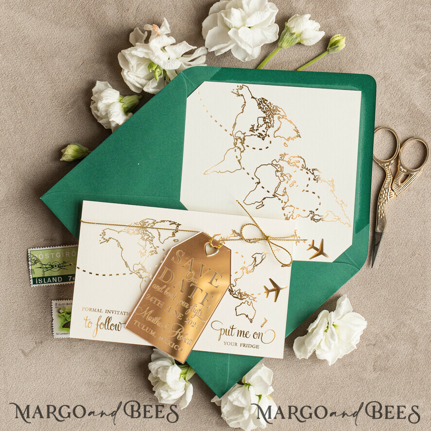 SAVE THE DATES beach travel magnets Luxury Travel Save the Date Acrylic gold Tag Magnet and Card, Gold dark green Luggage Tag Wedding Save The Dates Acrylic Magnets, Save The Date Cards