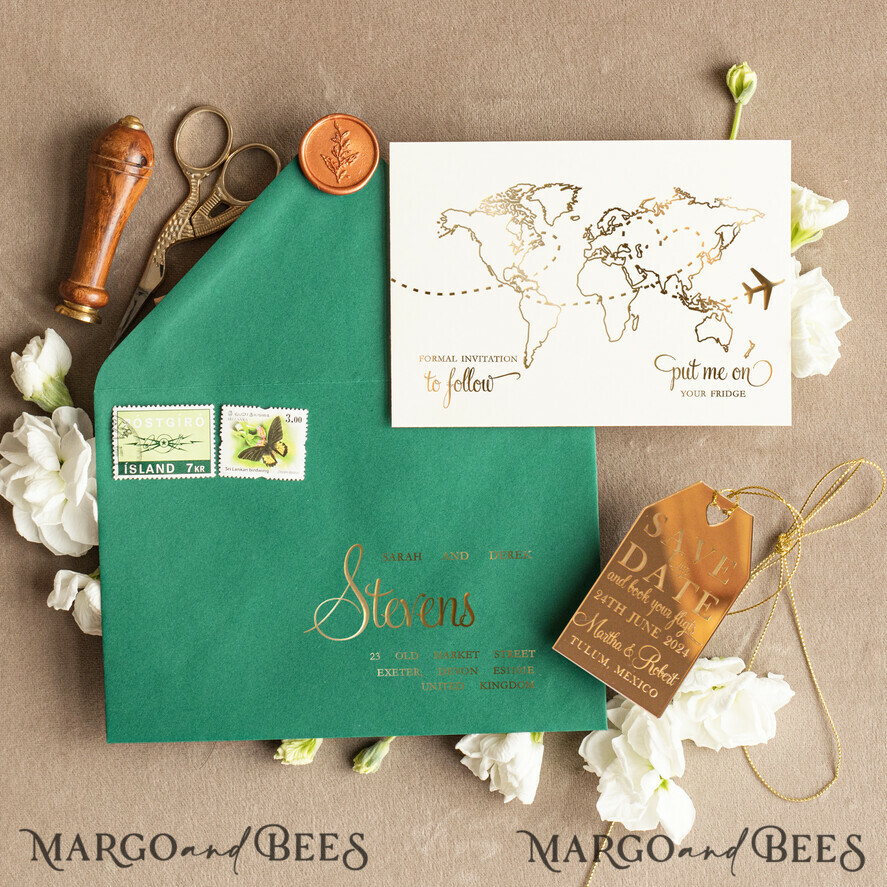 SAVE THE DATES beach travel magnets Luxury Travel Save the Date Acrylic gold Tag Magnet and Card, Gold dark green Luggage Tag Wedding Save The Dates Acrylic Magnets, Save The Date Cards