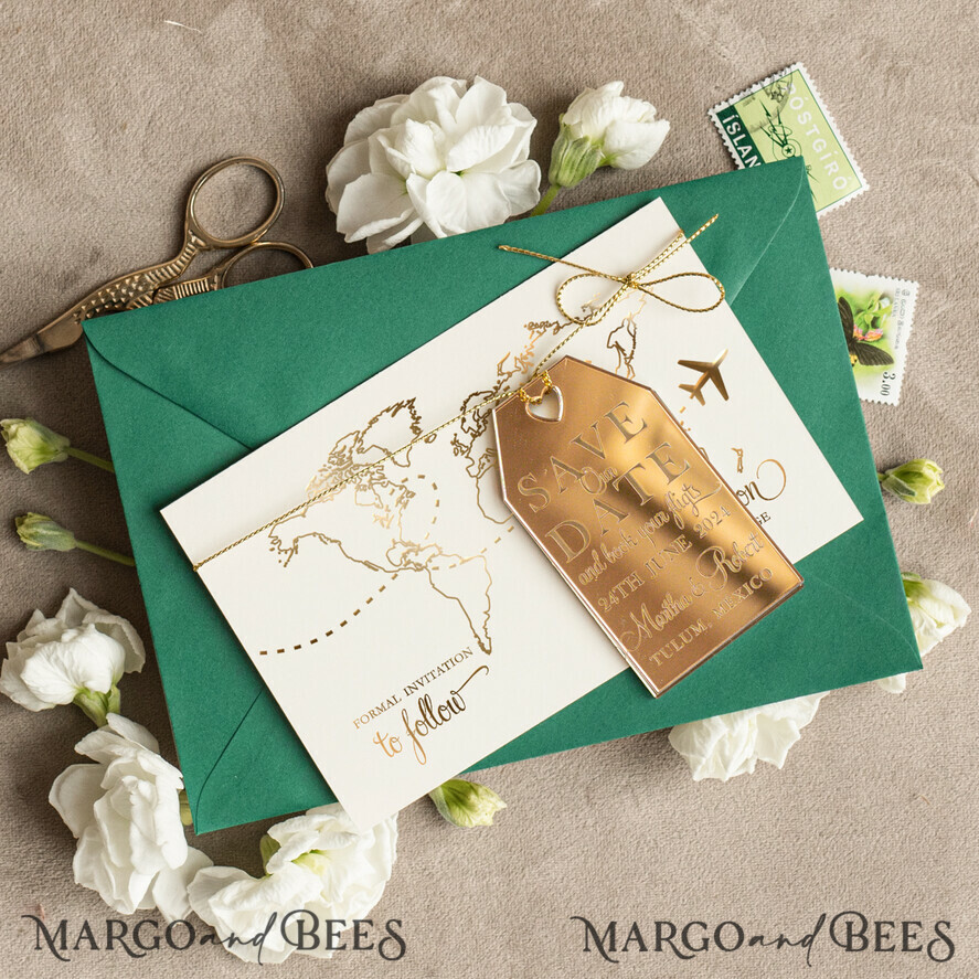 SAVE THE DATES beach travel magnets Luxury Travel Save the Date Acrylic gold Tag Magnet and Card, Gold dark green Luggage Tag Wedding Save The Dates Acrylic Magnets, Save The Date Cards