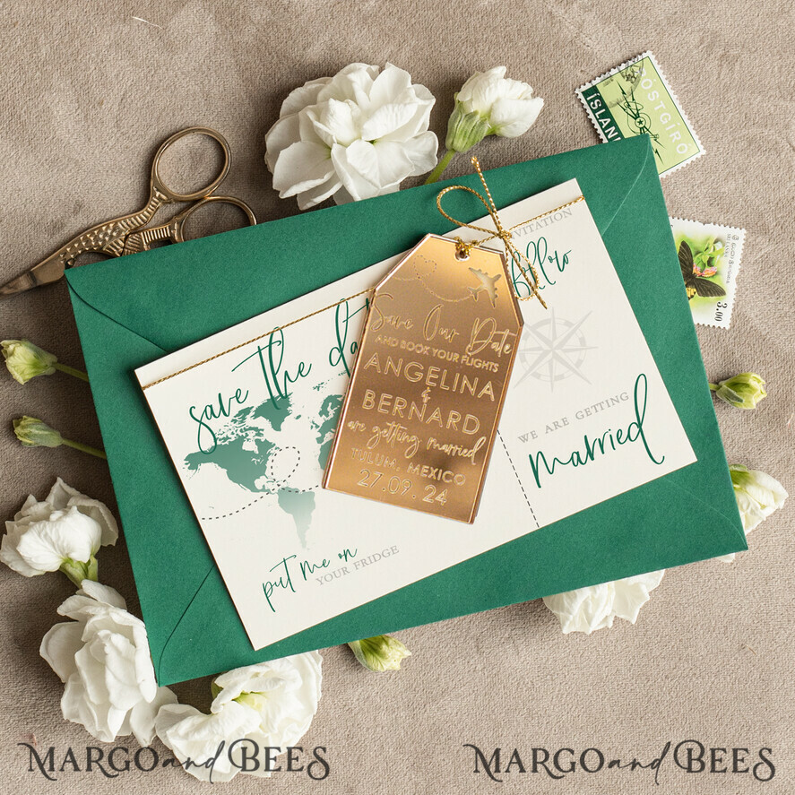 SAVE THE DATES beach travel magnets Personalised Travel Save the Date Acrylic Tag Magnet and Card, Gold dark green Luggage Tag Wedding Save The Dates Acrylic Magnets, Save The Date Cards