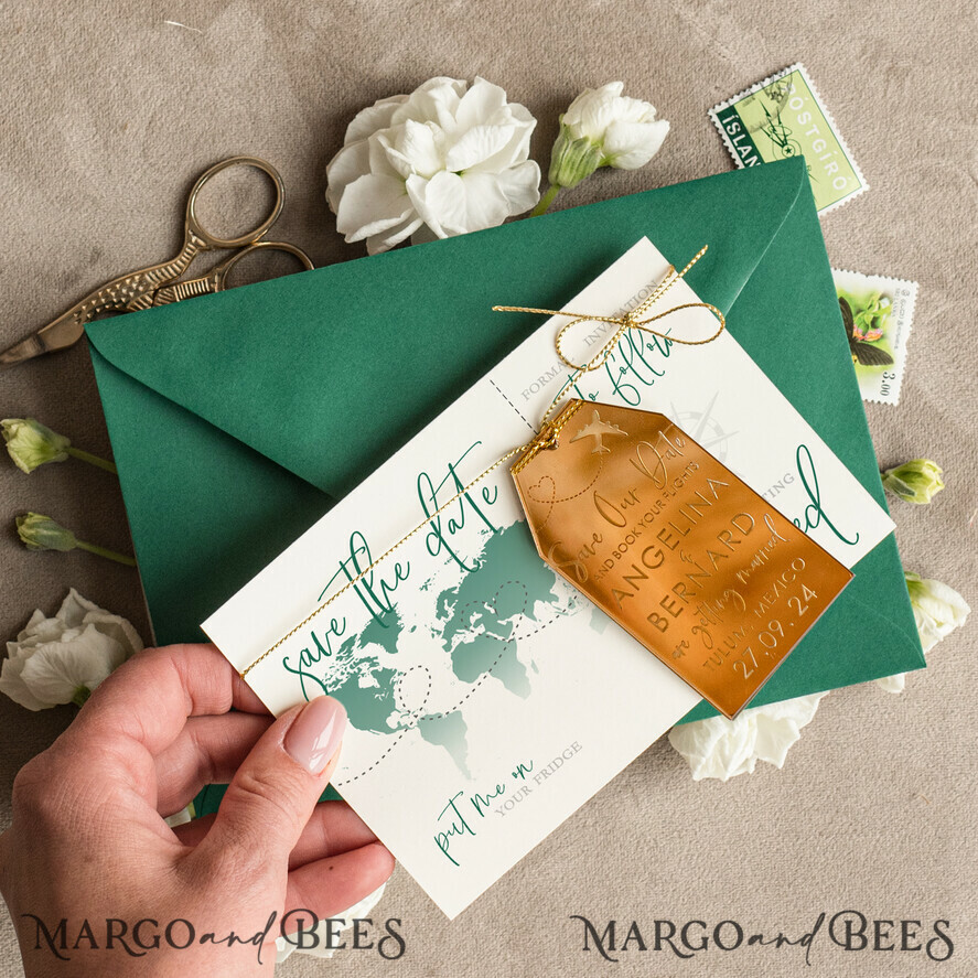 SAVE THE DATES beach travel magnets Personalised Travel Save the Date Acrylic Tag Magnet and Card, Gold dark green Luggage Tag Wedding Save The Dates Acrylic Magnets, Save The Date Cards
