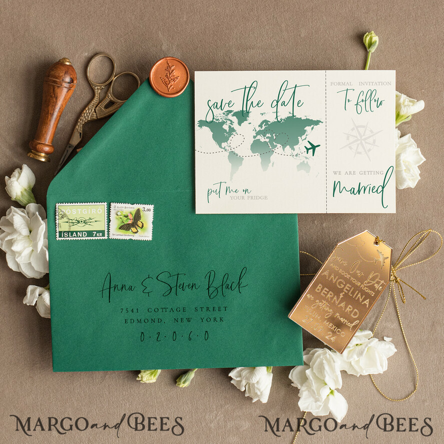 SAVE THE DATES beach travel magnets Personalised Travel Save the Date Acrylic Tag Magnet and Card, Gold dark green Luggage Tag Wedding Save The Dates Acrylic Magnets, Save The Date Cards