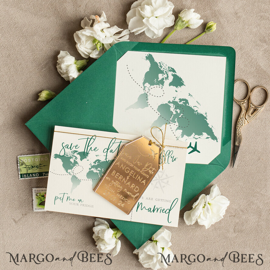 SAVE THE DATES beach travel magnets Personalised Travel Save the Date Acrylic Tag Magnet and Card, Gold dark green Luggage Tag Wedding Save The Dates Acrylic Magnets, Save The Date Cards