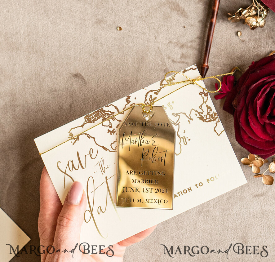 SAVE THE DATES beach travel magnets Personalised Maroon Save the Date travel Magnet and Card, destination Wedding Save The Dates Acrylic golden tag