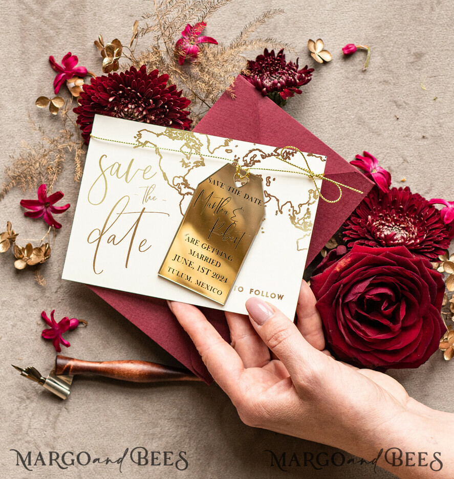 SAVE THE DATES beach travel magnets Personalised Maroon Save the Date travel Magnet and Card, destination Wedding Save The Dates Acrylic golden tag