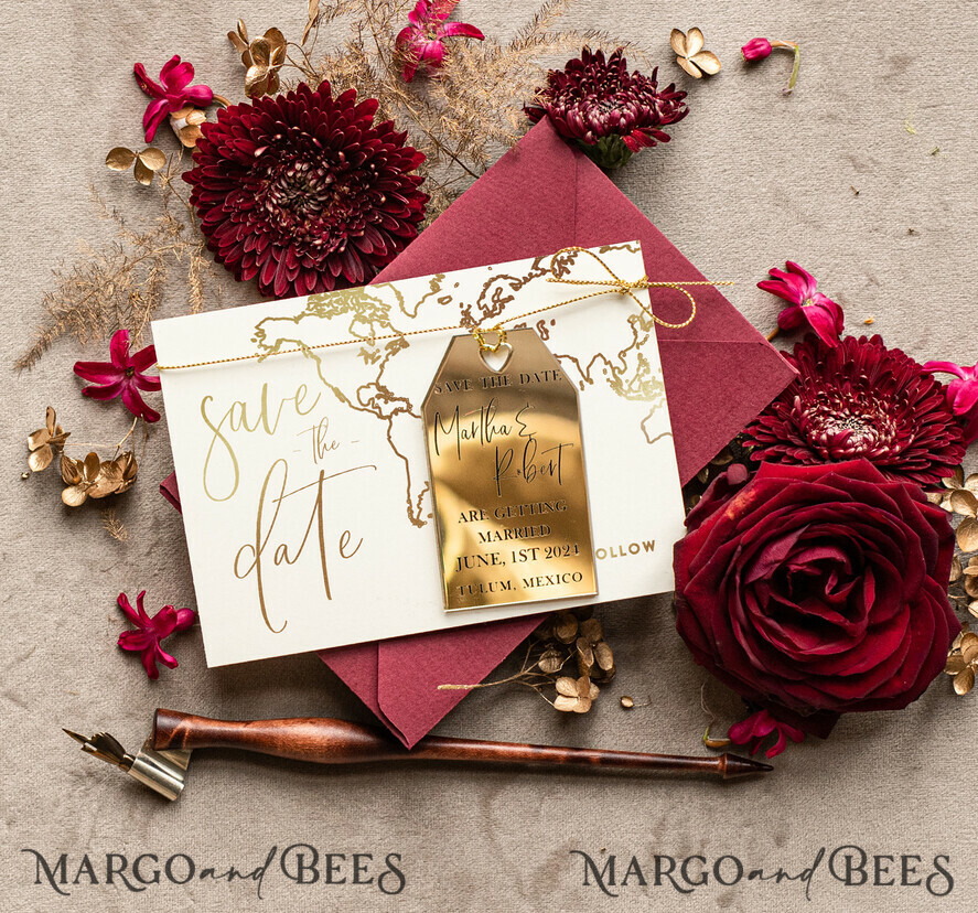 SAVE THE DATES beach travel magnets Personalised Maroon Save the Date travel Magnet and Card, destination Wedding Save The Dates Acrylic golden tag