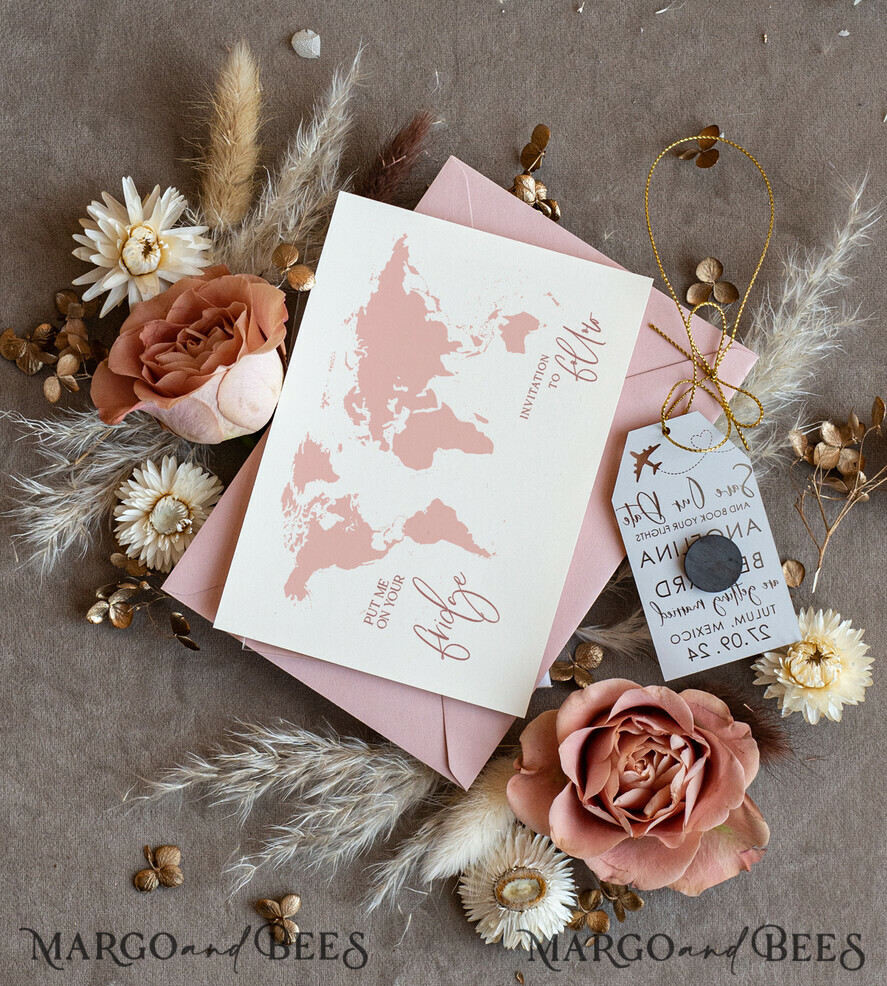SAVE THE DATES beach travel magnets Personalised Travel Save the Date Acrylic Tag Magnet and Card, Gold Blush Pink Luggage Tag Wedding Save The Dates Acrylic Magnets, Save The Date Cards