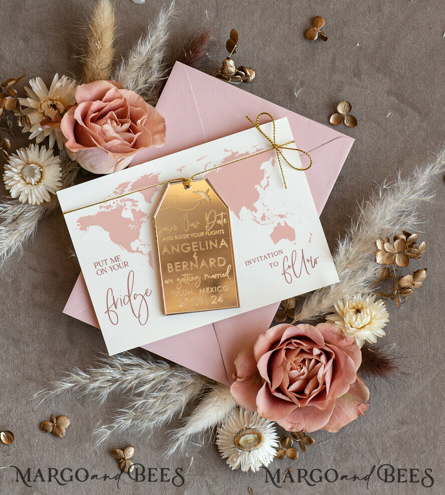SAVE THE DATES beach travel magnets Personalised Travel Save the Date Acrylic Tag Magnet and Card, Gold Blush Pink Luggage Tag Wedding Save The Dates Acrylic Magnets, Save The Date Cards