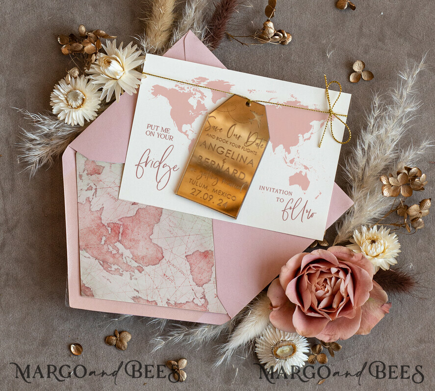 SAVE THE DATES beach travel magnets Personalised Travel Save the Date Acrylic Tag Magnet and Card, Gold Blush Pink Luggage Tag Wedding Save The Dates Acrylic Magnets, Save The Date Cards