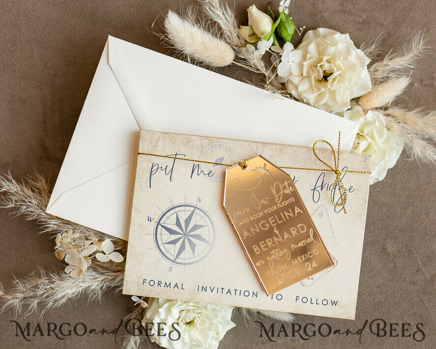 SAVE THE DATES beach travel magnets Gold Save the Date Acrylic Tag Magnet and Card, Travel Gold Tag Wedding Save The Dates Acrylic Magnets, Save The Date Cards