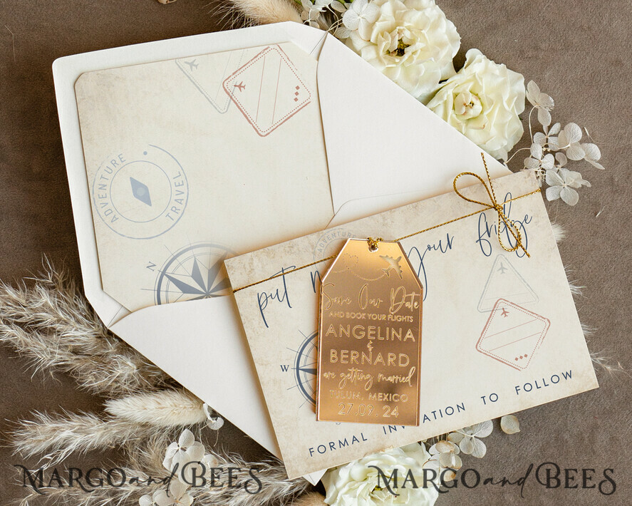 SAVE THE DATES beach travel magnets Gold Save the Date Acrylic Tag Magnet and Card, Travel Gold Tag Wedding Save The Dates Acrylic Magnets, Save The Date Cards