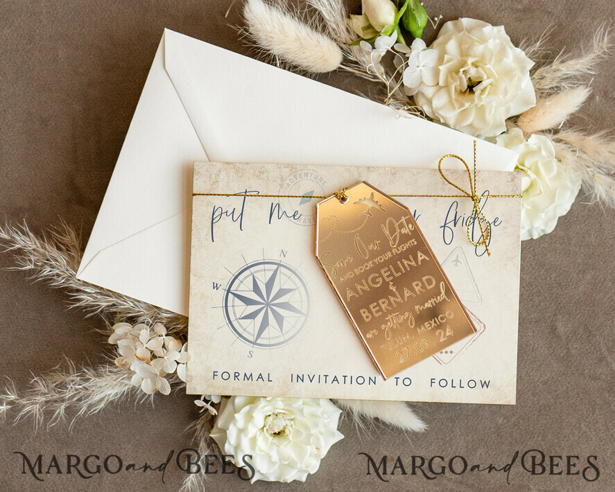 SAVE THE DATES beach travel magnets Gold Save the Date Acrylic Tag Magnet and Card, Travel Gold Tag Wedding Save The Dates Acrylic Magnets, Save The Date Cards