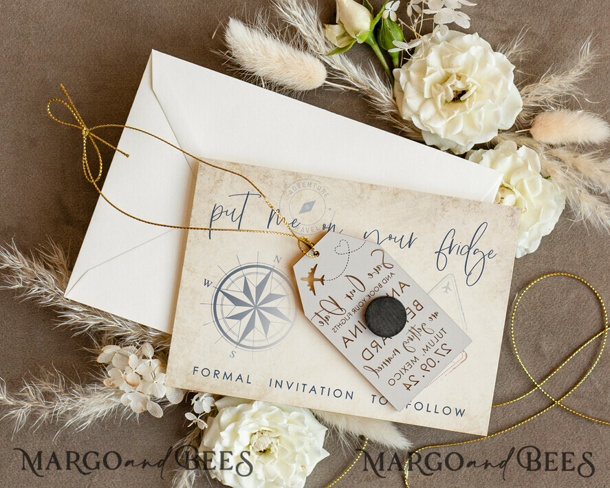 SAVE THE DATES beach travel magnets Gold Save the Date Acrylic Tag Magnet and Card, Travel Gold Tag Wedding Save The Dates Acrylic Magnets, Save The Date Cards