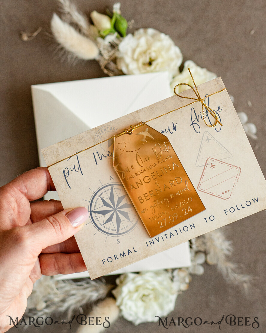 SAVE THE DATES beach travel magnets Gold Save the Date Acrylic Tag Magnet and Card, Travel Gold Tag Wedding Save The Dates Acrylic Magnets, Save The Date Cards