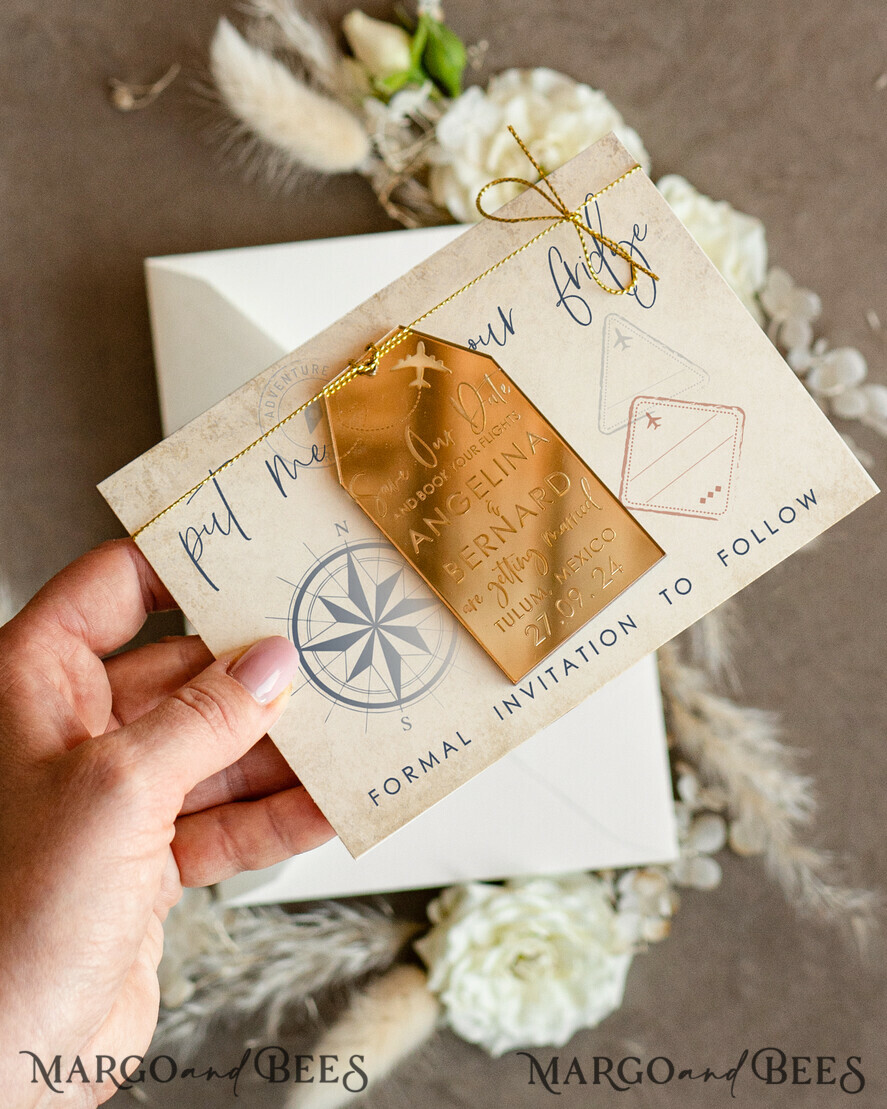 SAVE THE DATES beach travel magnets Gold Save the Date Acrylic Tag Magnet and Card, Travel Gold Tag Wedding Save The Dates Acrylic Magnets, Save The Date Cards