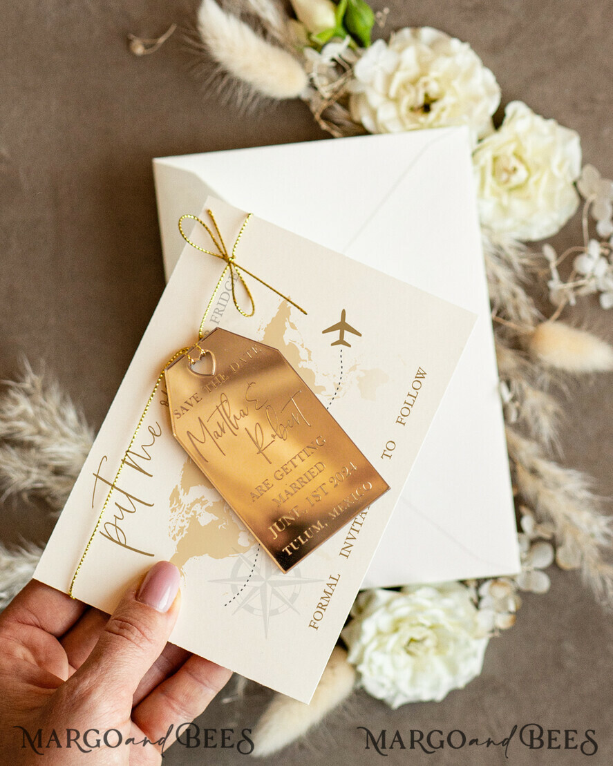 SAVE THE DATES beach travel magnets Personalised Travel Save the Date Acrylic Tag Magnet and Card, Gold Tag Wedding Save The Dates Acrylic Magnets, Save The Date Cards