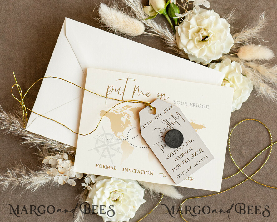 SAVE THE DATES beach travel magnets Personalised Travel Save the Date Acrylic Tag Magnet and Card, Gold Tag Wedding Save The Dates Acrylic Magnets, Save The Date Cards