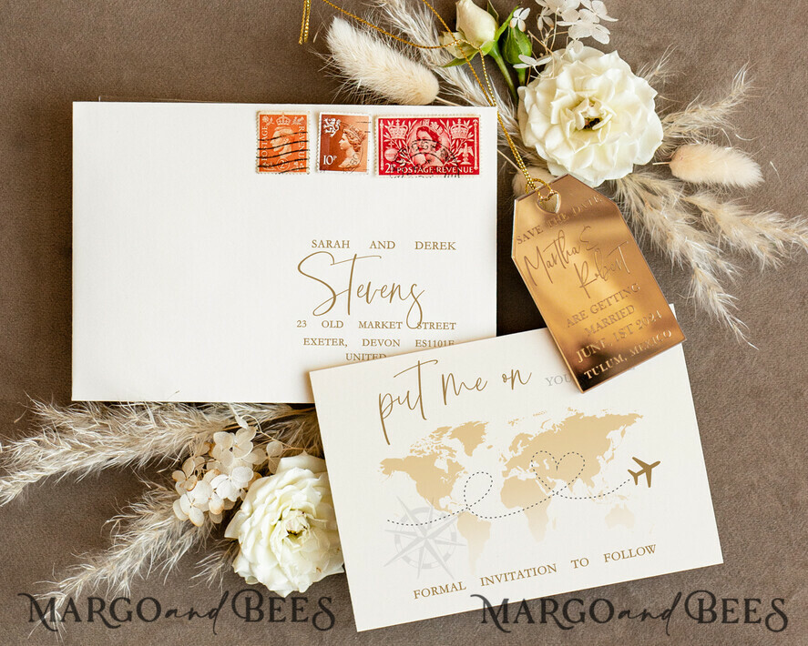 SAVE THE DATES beach travel magnets Personalised Travel Save the Date Acrylic Tag Magnet and Card, Gold Tag Wedding Save The Dates Acrylic Magnets, Save The Date Cards