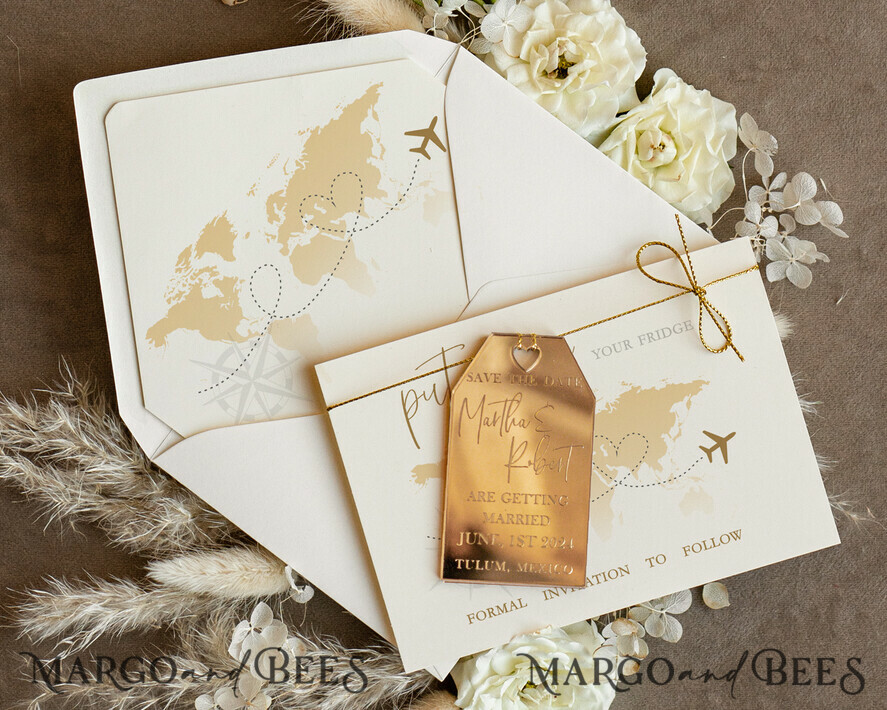 SAVE THE DATES beach travel magnets Personalised Travel Save the Date Acrylic Tag Magnet and Card, Gold Tag Wedding Save The Dates Acrylic Magnets, Save The Date Cards
