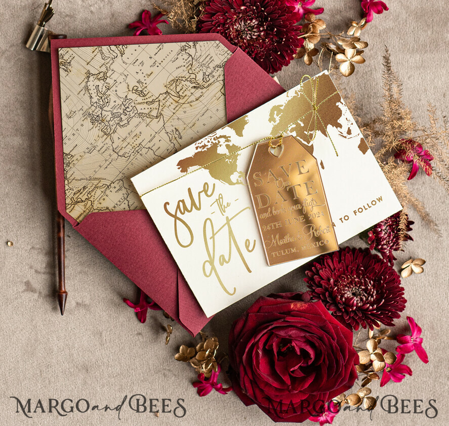 SAVE THE DATES beach travel magnets Personalised Save the Date travel Magnet and Card, destination Wedding Save The Dates Acrylic golden tag