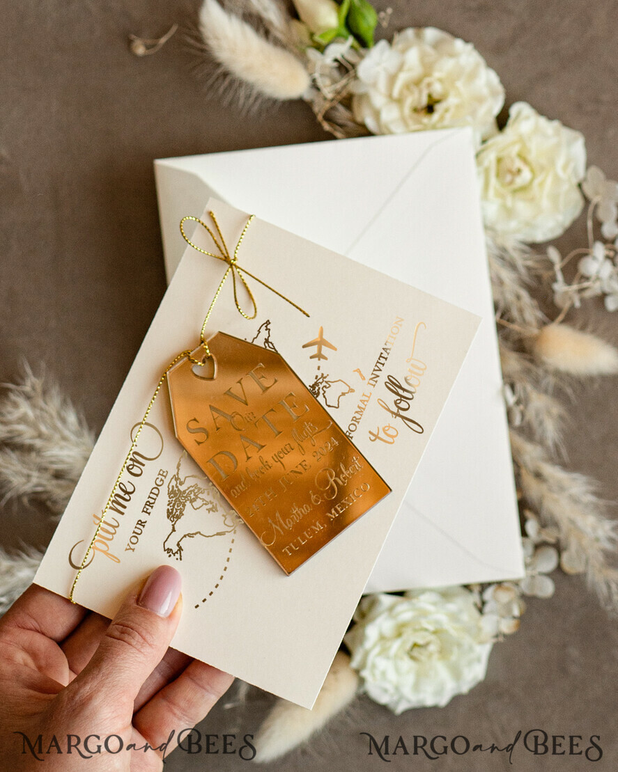 SAVE THE DATES beach travel magnets Gold Travel Save the Date Acrylic Tag Magnet and Card, Gold Luggage Tag Wedding Save The Dates Acrylic Magnets, Save The Date Cards