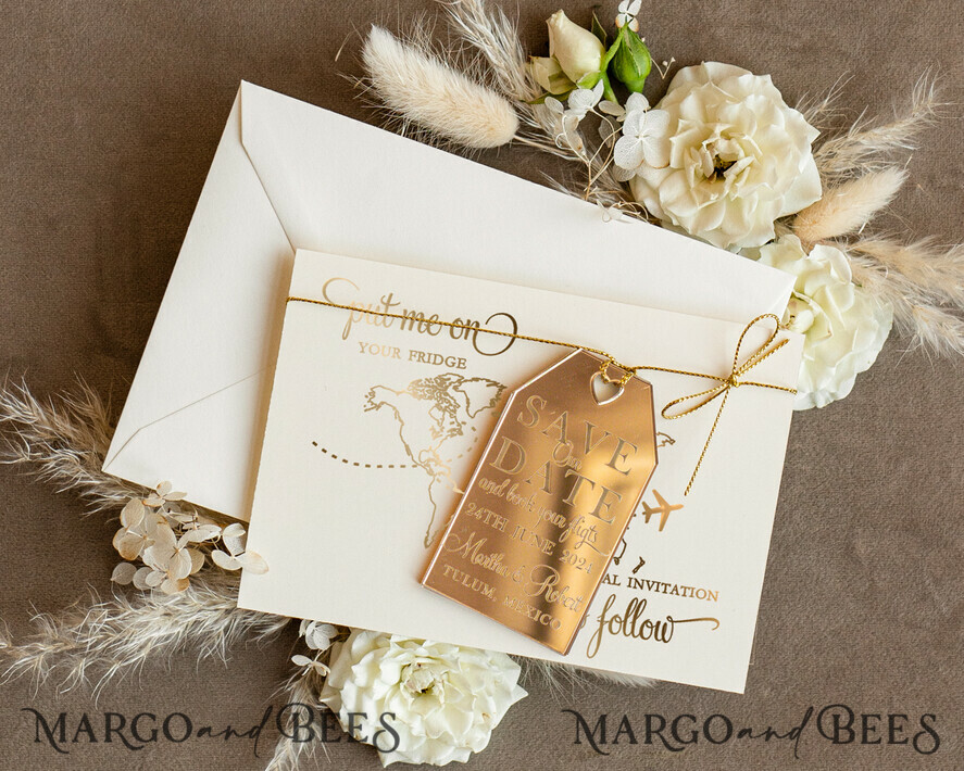 SAVE THE DATES beach travel magnets Gold Travel Save the Date Acrylic Tag Magnet and Card, Gold Luggage Tag Wedding Save The Dates Acrylic Magnets, Save The Date Cards