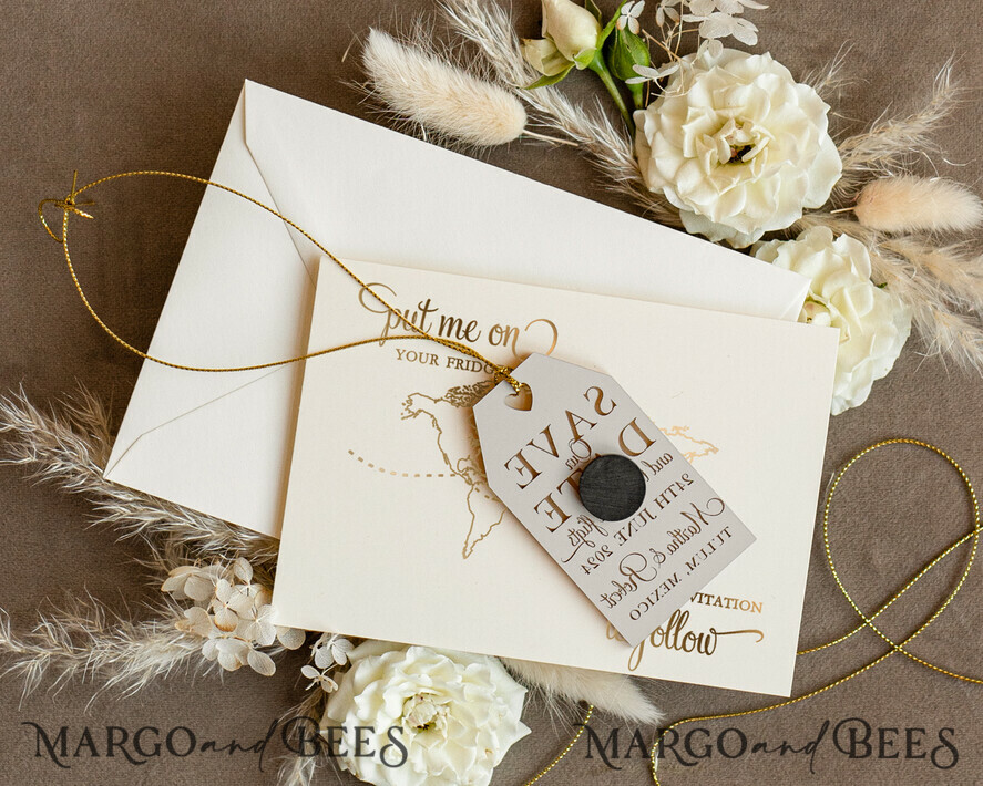SAVE THE DATES beach travel magnets Gold Travel Save the Date Acrylic Tag Magnet and Card, Gold Luggage Tag Wedding Save The Dates Acrylic Magnets, Save The Date Cards