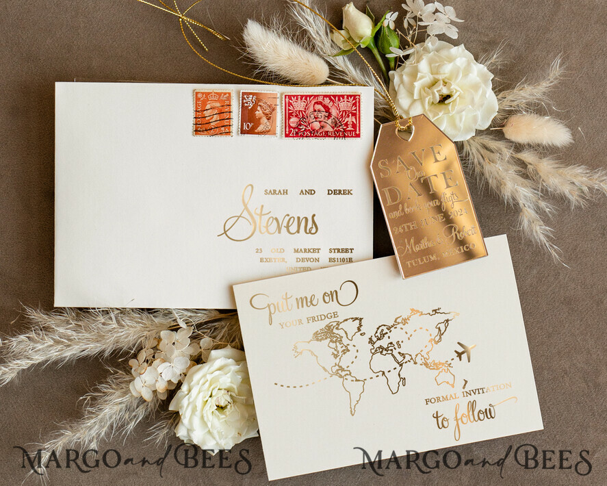 SAVE THE DATES beach travel magnets Gold Travel Save the Date Acrylic Tag Magnet and Card, Gold Luggage Tag Wedding Save The Dates Acrylic Magnets, Save The Date Cards