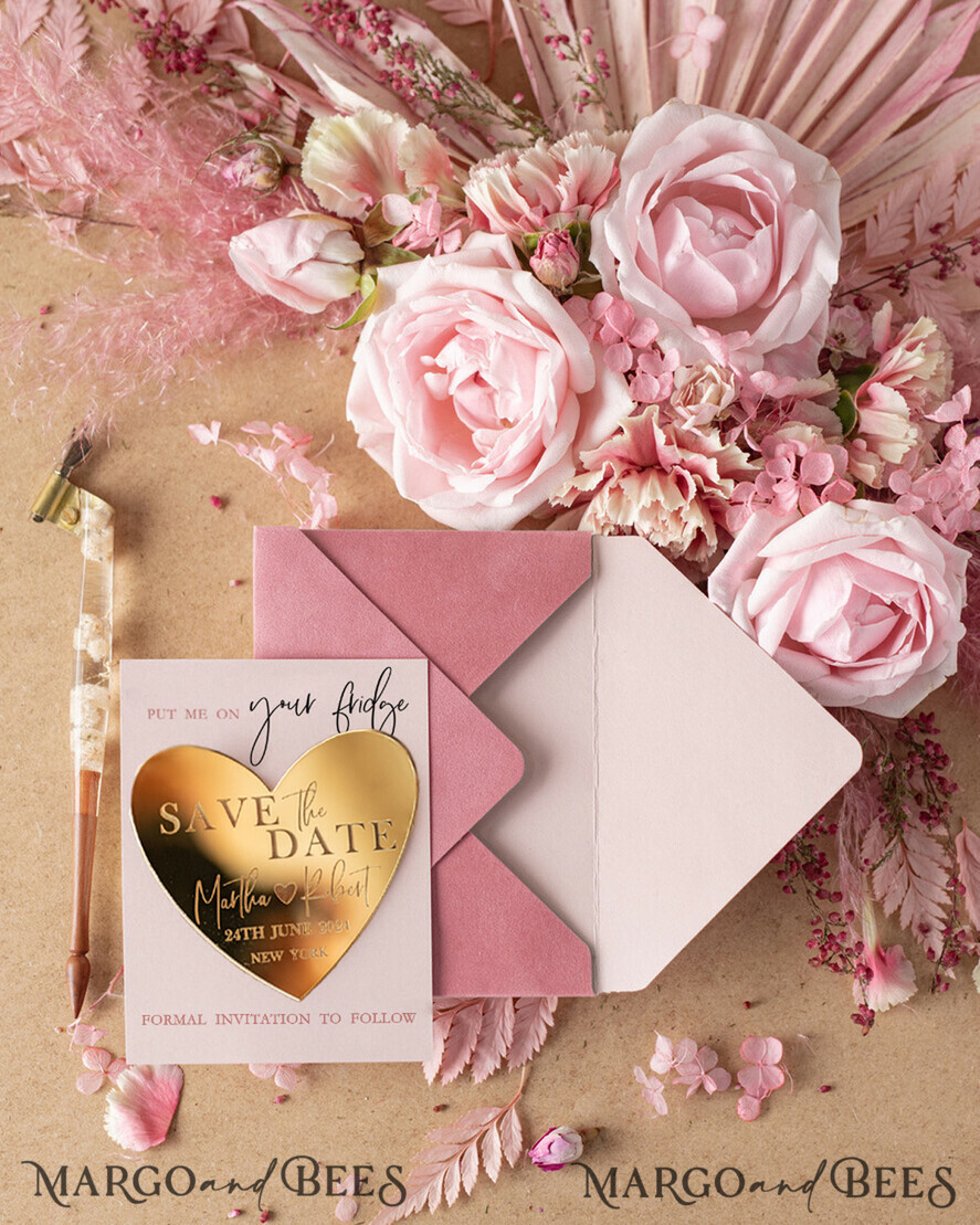 SAVE THE DATES rustic boho magnets Personalised Save the Date Hear Magnet and Card, Gold Elegant Wedding Save The Dates Acrylic Heart, Velvet Save The Date Cards