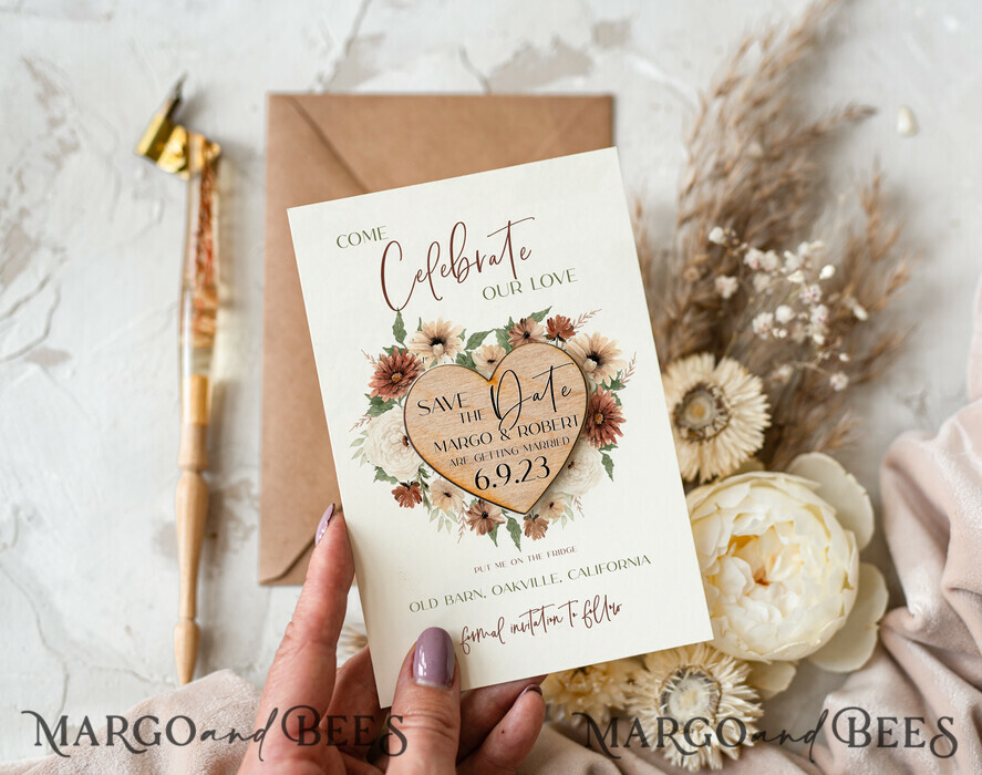 SAVE THE DATES rustic boho magnets Wedding Save The Date Card and Heart Magnet, Beige Ivory Save Our Date Magnets, Boho save our dates Cards wooden Magnets Cards