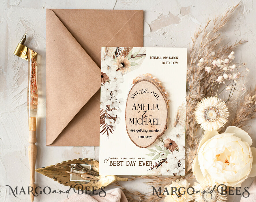 SAVE THE DATES rustic boho magnets Wedding Save The Date Card and wooden slice Magnet, craft Save Our Date wood slice Magnets, Boho save our dates Cards wooden Magnets Cards, boho wedding save the date cards and slice magnets