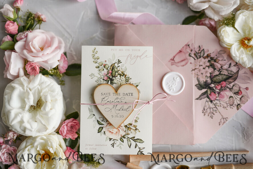 SAVE THE DATES rustic boho magnets Handmade Save the Date magnets cards Wedding Save The Date Card and Heart Magnet, Blush Pink Save Our Date Wood Magnets