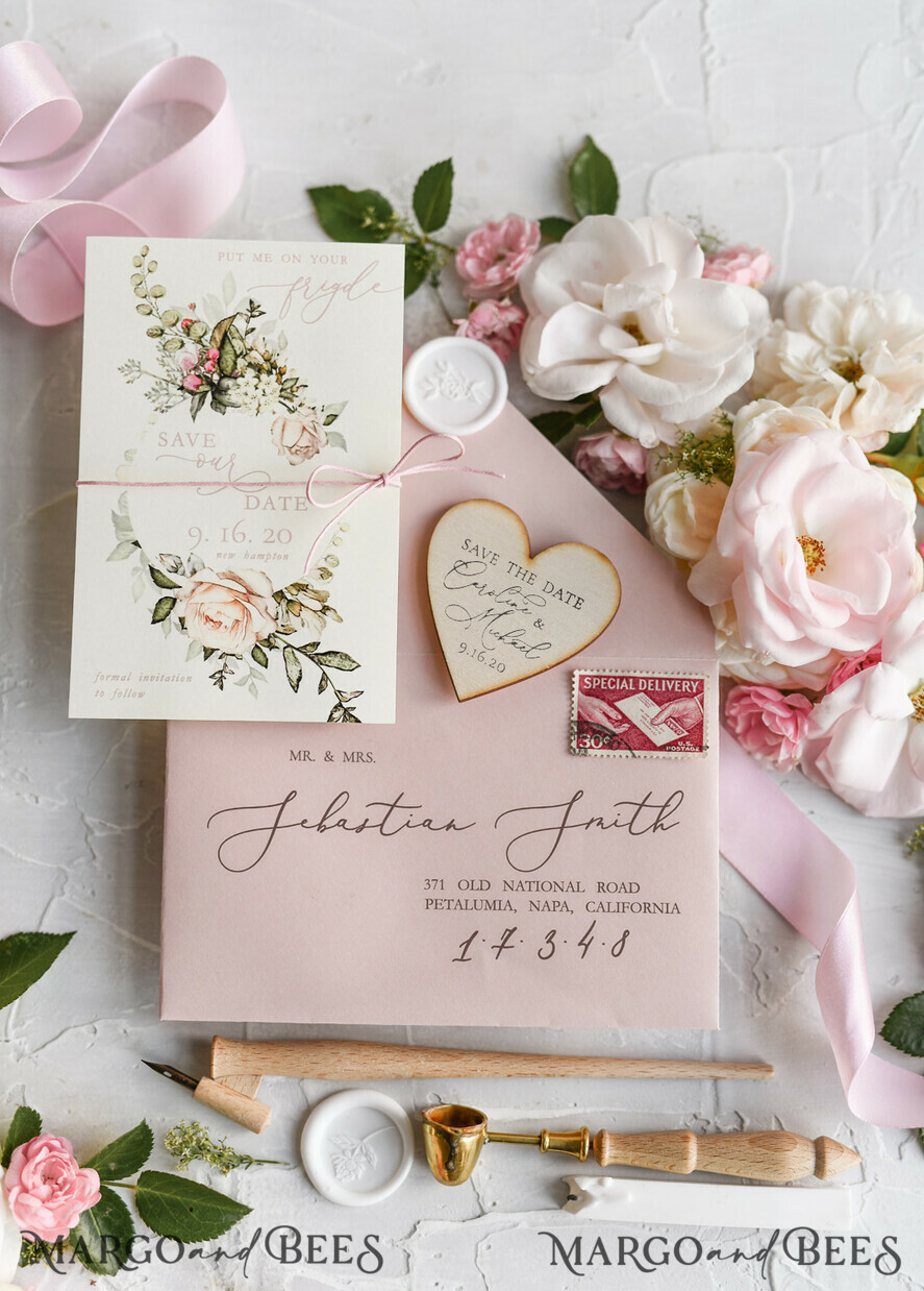 SAVE THE DATES rustic boho magnets Handmade Save the Date magnets cards Wedding Save The Date Card and Heart Magnet, Blush Pink Save Our Date Wood Magnets