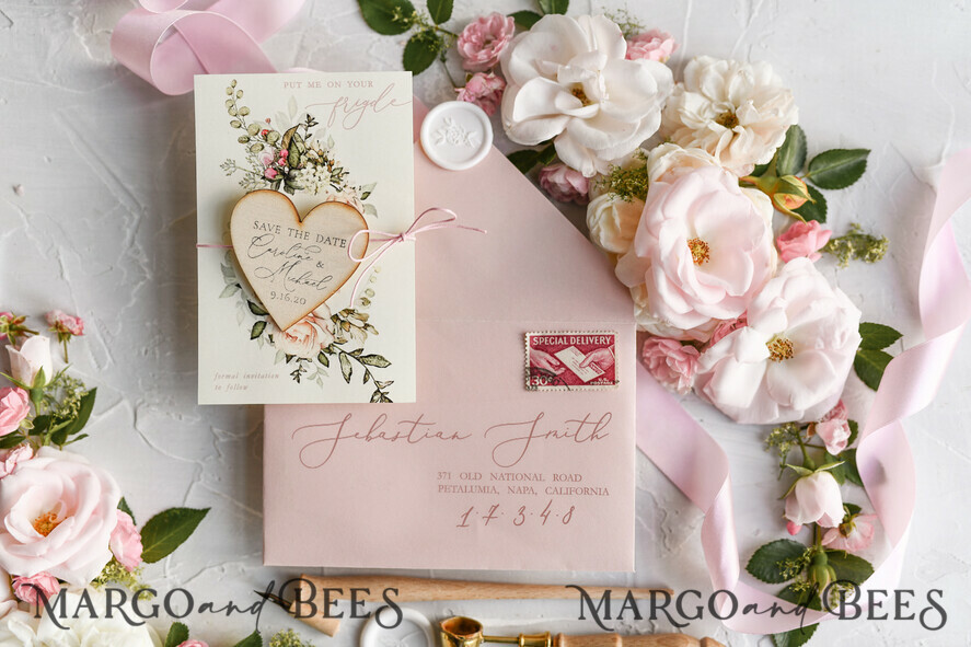 SAVE THE DATES rustic boho magnets Handmade Save the Date magnets cards Wedding Save The Date Card and Heart Magnet, Blush Pink Save Our Date Wood Magnets