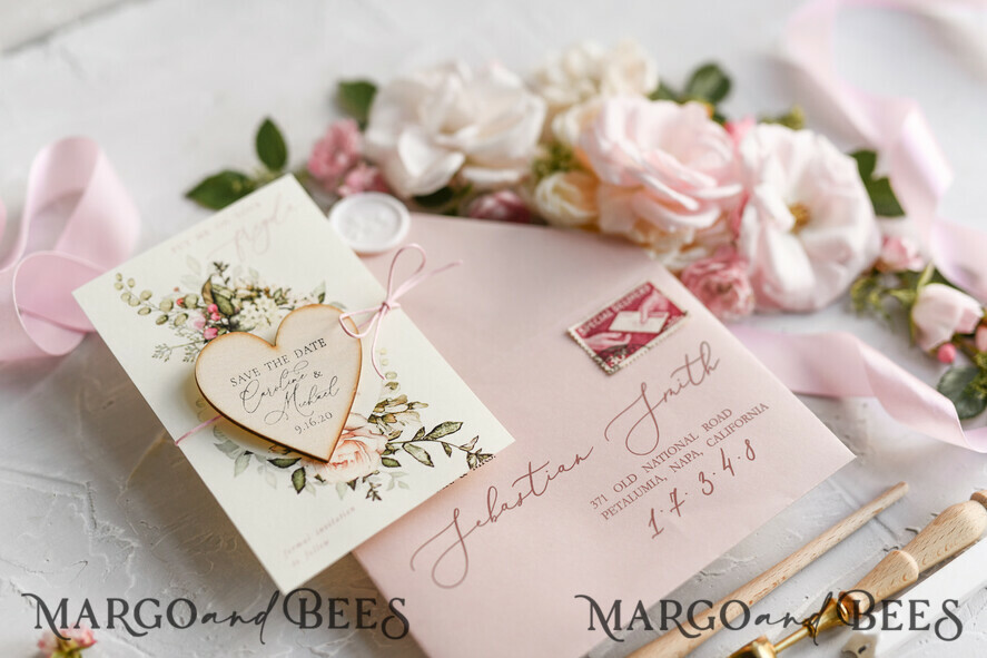 SAVE THE DATES rustic boho magnets Handmade Save the Date magnets cards Wedding Save The Date Card and Heart Magnet, Blush Pink Save Our Date Wood Magnets