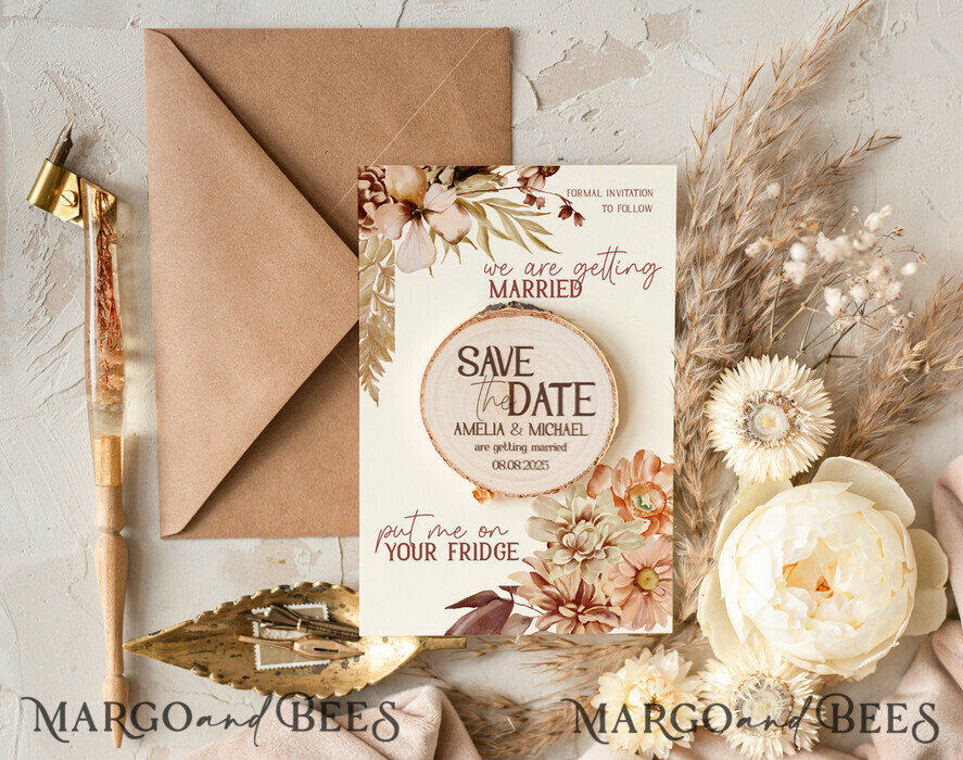 SAVE THE DATES rustic boho magnets Wedding Save The Date Card and wooden slice Magnet, craft Save Our Date wood slice Magnets, Boho save our dates Cards wooden Magnets Cards, boho wedding save the date cards and slice magnets
