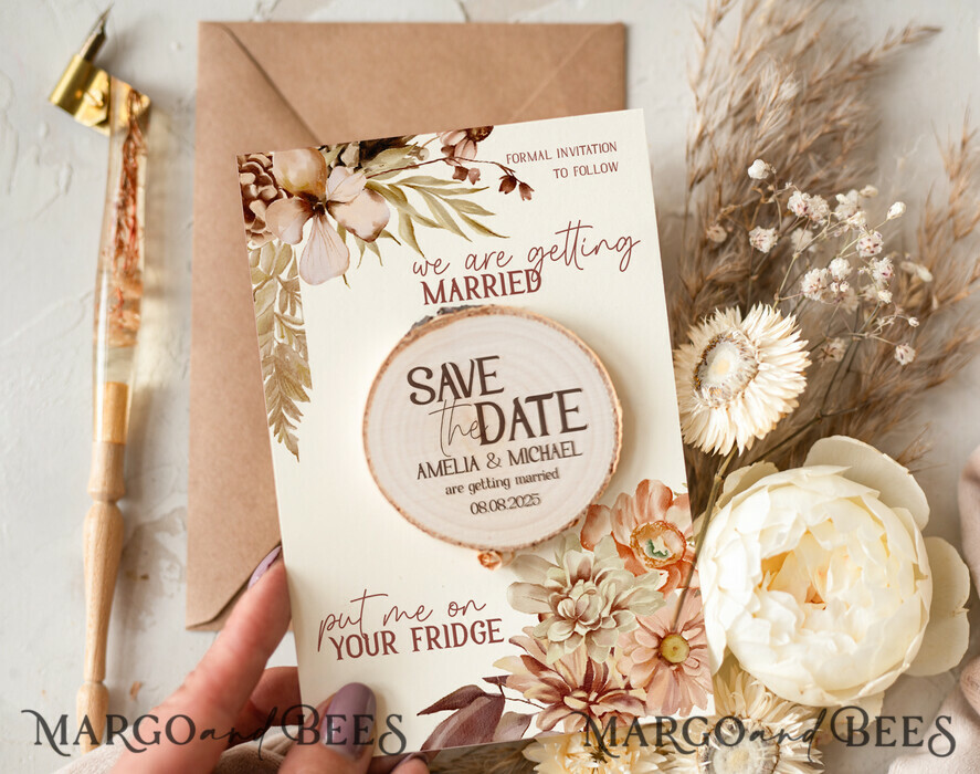 SAVE THE DATES rustic boho magnets Wedding Save The Date Card and wooden slice Magnet, craft Save Our Date wood slice Magnets, Boho save our dates Cards wooden Magnets Cards, boho wedding save the date cards and slice magnets