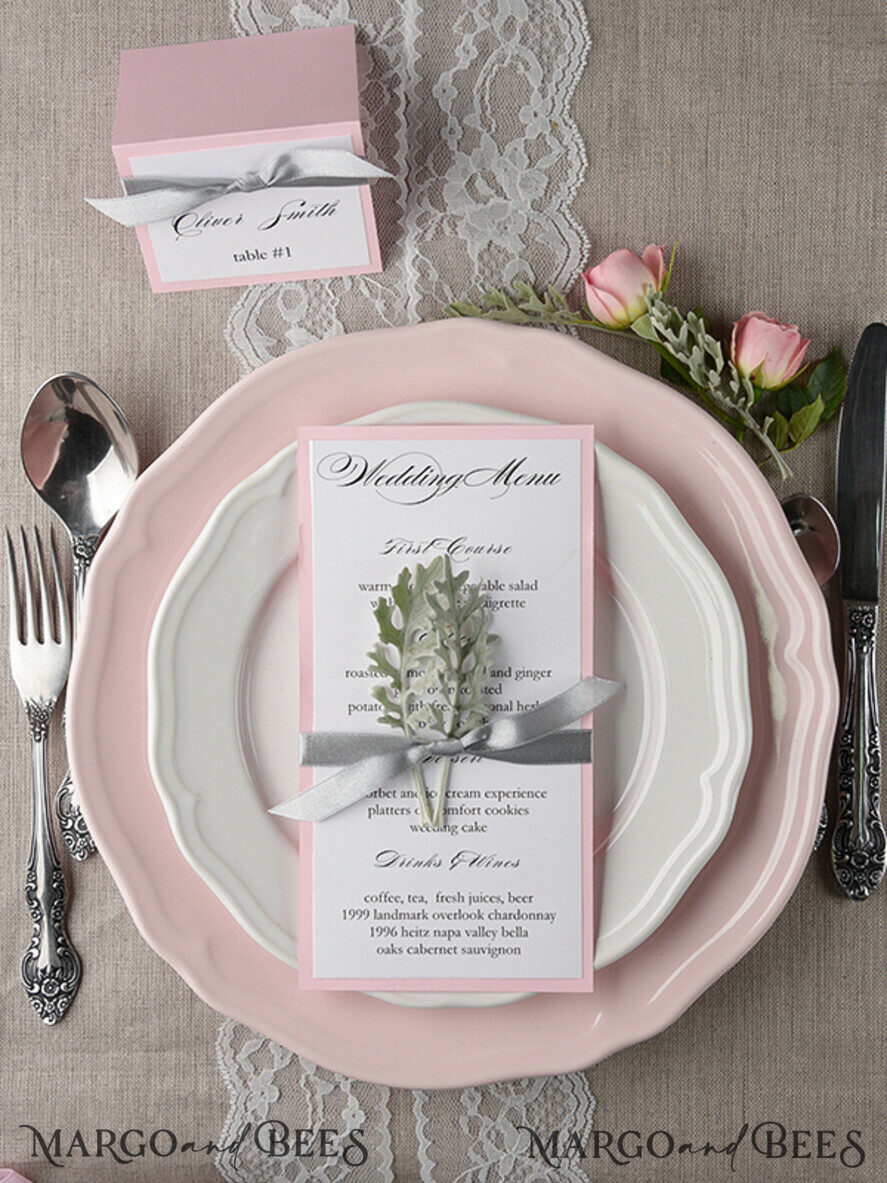 MENU & PROGRAMS rustic and lace Romantic Wedding Menu with Grey Ribbon, Vintage Personalized Menu Cards, Light Grey and Blush Pink Shabby Chic Wedding Menu, Handmade White & Pink Wedding Menu